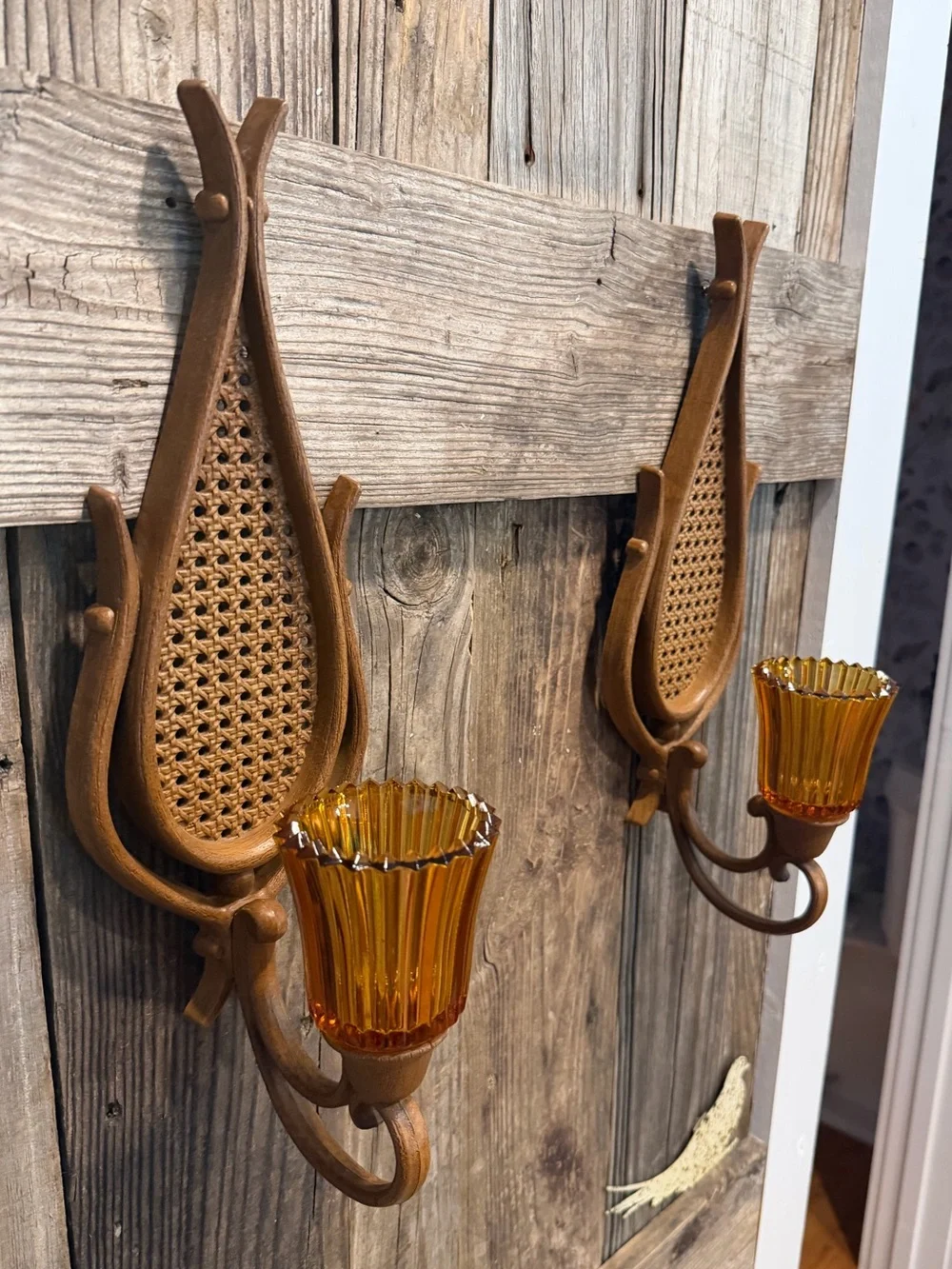 Pair of Vintage BOHO Homco faux-rattan Amber Glass Wall Sconces